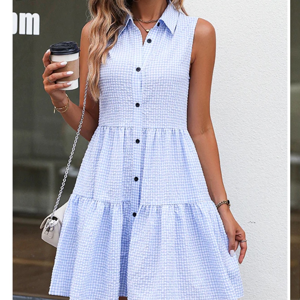Blue Gingham Plaid Sleeveless Collar Ruffle Hem Dress